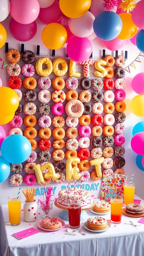 A lively donut birthday party setup with a donut wall, colorful decorations, and a variety of donuts.